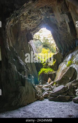 Geheimnisvolle und wunderschöne Cathedral Cavern, ein alter Steinbruch im Lake District National Park in Tilberthwaite, cumbria, England, Großbritannien Stockfoto