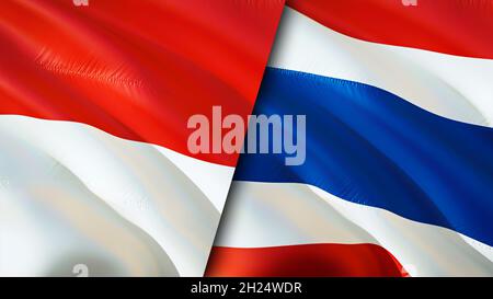 Indonesien und Thailand Flaggen. 3D-Design mit winkender Flagge. Indonesien Thailand Flagge, Bild, Tapete. Bild Indonesien vs. Thailand, 3D-Rendering. Indonesien Stockfoto