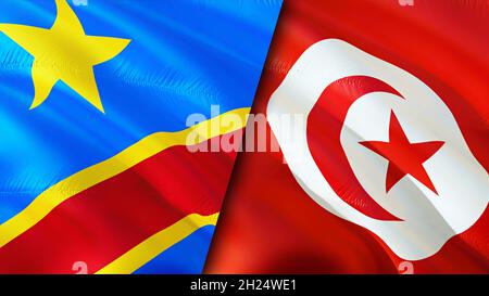 DR Kongo und Tunesien Flaggen. 3D-Design mit winkender Flagge. Tunesien DR Kongo Flagge, Bild, Tapete. DR Kongo vs Tunesien Bild, 3D-Rendering. DR Kongo Tunesien Stockfoto