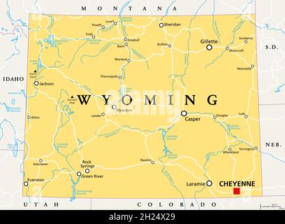 Wyoming, WY, politische Landkarte, mit der Hauptstadt Cheyenne. Staat in der Unterregion Mountain West der westlichen Vereinigten Staaten von Amerika, Equality State. Stockfoto