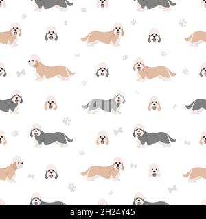 Dandie dinmont Terrier Nahtloses Muster. Verschiedene Posen, Fellfarben eingestellt. Vektorgrafik Stock Vektor