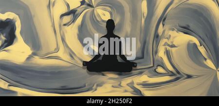 Mann in einer Yoga-Pose auf einem abstrakten Hintergrund. Grau und gelb. Künstlerische Arbeit Stockfoto