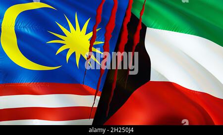 Malaysia und Kuwait Flaggen mit Narbenkonzept. Winkende Flagge, 3D-Rendering. Malaysia und Kuwait Konfliktkonzept. Malaysia Kuwait Beziehungen Konzept. Flagge o Stockfoto