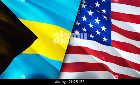 Flaggen der Bahamas und der USA. 3D-Design mit winkender Flagge. Bahamas USA Flagge, Bild, Tapete. Bahamas vs USA Bild, 3D-Rendering. Bahamas USA Relations Alliance Stockfoto