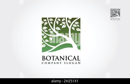 Darstellung Des Botanischen Vektors Mit Logo. Vorlage für das Logo des grünen Baumes. Sauberer und moderner Stil auf weißem Hintergrund. Der grüne Baum Quadrat Vektor-Logo-Design. Stock Vektor