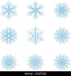 Blue einzigartige verzierte Schneeflocken-Set. Stock Vektor