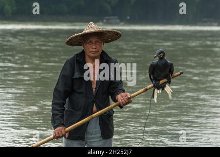 Ein traditioneller Kormoran-Fischer auf einem Bambusfloß mit seinem Kormoran auf dem Fluss Li, Xingping, China. Stockfoto