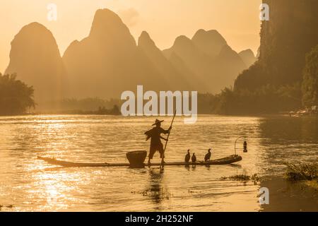 Ein Kormoran-Fischer stöcke sein Bambusfloß auf dem Li River iat Sonnenuntergang. Xingping, China. Stockfoto