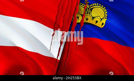 Österreich und Liechtenstein Flaggen mit Narbenkonzept. Winkende Flagge, 3D-Rendering. Österreich und Liechtenstein Konfliktkonzept. Österreich Liechtenstein relatio Stockfoto