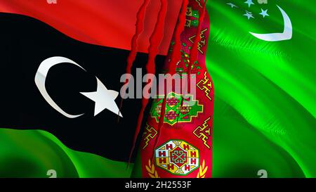 Libyen und Turkmenistan Flaggen mit Narbenkonzept. Winkende Flagge, 3D-Rendering. Konfliktkonzept Turkmenistan und Libyen. Libyen Turkmenistan Beziehungen concep Stockfoto