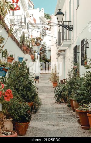 Ruhige Straße der Stadt Frigiliana, ein traditionelles weißes Dorf in den Bergen der Küste von Malaga Stockfoto