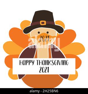 Grußkarte Vorlage Thanksgiving 2021. Vollständig editierbare Vektorgrafik. Die Türkei trägt eine Gesichtsmaske. Bleiben Sie zu Hause, soziales, distanzierendes Design. Flyer Stock Vektor
