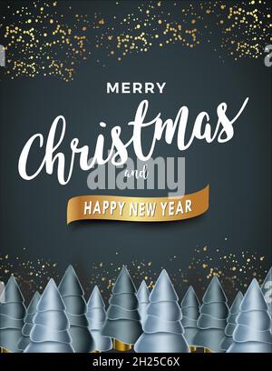 frohe weihnachten und ein glückliches neues Jahr Karte mit weihnachtsbäumen und Glitzer Stock Vektor