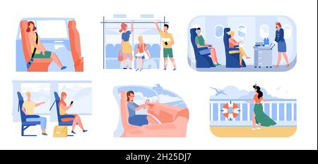 Personen, die im Inneren, im Zug, Bus, in der U-Bahn oder im Flugzeug sind Stock Vektor