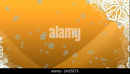 Bild von fallenden Schneeflocken auf orangefarbenem Hintergrund Stockfoto