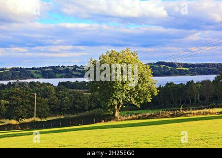 Blick auf die Landschaft von Hognaston über Carsington Water in Derbyshire, England, Großbritannien Stockfoto