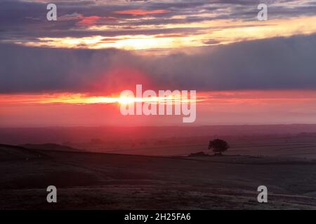 Die aufgehende Sonne erzeugt ein rotes Leuchten, während sie durch Wolken und Nebel über dem Hügel von Loups bricht. Von Goldsborough, Teesdale, County Durham, Großbritannien aus gesehen Stockfoto