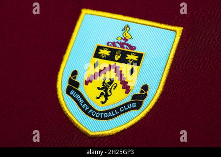 Nahaufnahme des Vereinswappens von Burnley. Stockfoto