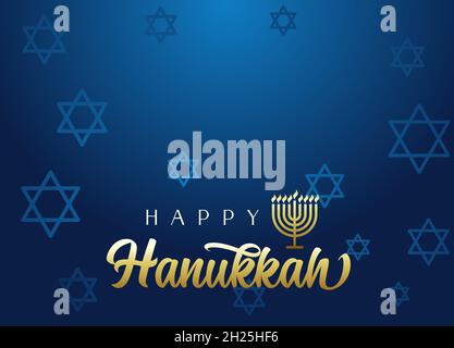 Happy Hanukkah Schriftzug Hintergrund mit Menorah und David Stars. Vektorgrafik Stock Vektor