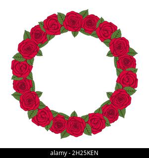 Farbige Abbildung eines runden Kranzes aus roten Rosen. Isoliertes Vektorobjekt auf weißem Hintergrund. Stock Vektor