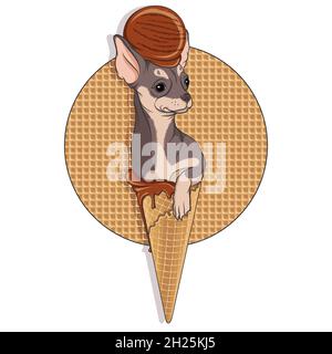 Illustration eines Chihuahua Hundes in einem Waffelbecher mit Eis auf seinem Kopf. Vektorfarben isoliertes Objekt auf weißem Hintergrund. Stock Vektor