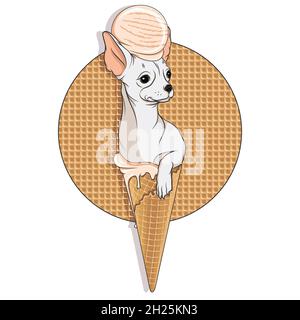 Illustration eines Chihuahua Hundes in einem Waffelbecher mit Eis auf seinem Kopf. Vektorfarben isoliertes Objekt auf weißem Hintergrund. Stock Vektor