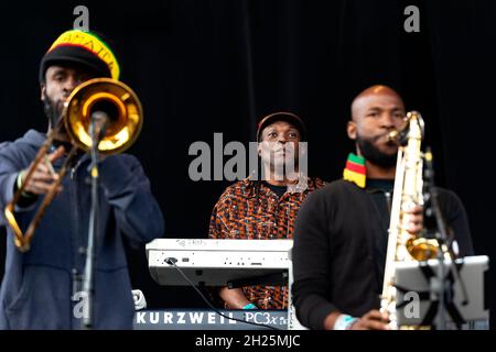 stockholm schweden - 27. Juni 2014- Bandmitglied in der Gruppe Solomonic - The Reggastra spielt mit Hase-Wailer in schweden Stockfoto