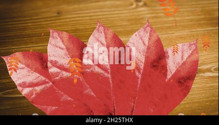 Mehrere Blätter Muster Symbole fallen über Herbst Ahornblatt vor hölzernen Hintergrund Stockfoto