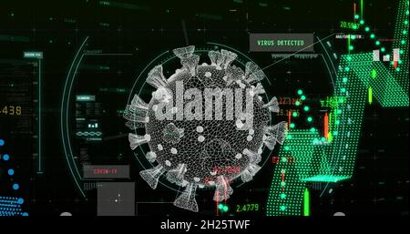 Scannen des Scopes über Covid-19-Zelle gegen die Verarbeitung finanzieller Daten Stockfoto