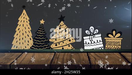 Bild von Schnee fällt über weihnachtsbäume und Geschenke auf schwarzem Hintergrund Stockfoto