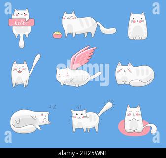 Set von Vektor-Cartoon-Sticker mit Katzen mit verschiedenen Emotionen und Emoticons: Fröhlich, fröhlich, wütend, schlafend, einladend, Fliegen, meditieren, eati Stock Vektor