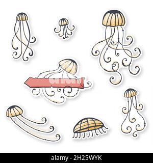 Aufkleber mit grafischer Vektorqualle. Geeignet für das Thema Meer, Strand, Sommer. Stock Vektor