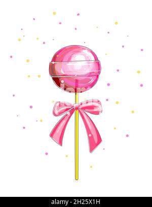 Bonbons, Lutscher mit Schleifen . Vektor Süßigkeiten, rote Lollypops isoliert auf weißem Hintergrund. Verdrehte und wirbelnde Lutscher auf Stäbchen Stock Vektor