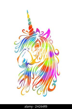 Schöne Grafik Regenbogen Einhorn Kopf. Tätowierung. Vektorgrafik Stock Vektor