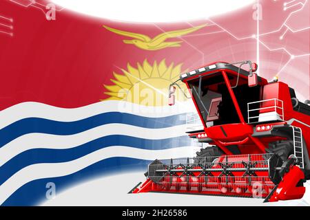 Digitale industrielle 3D-Illustration des roten modernen Roggen Mähdreschers auf Kiribati Flagge - Landwirtschafts-Ausrüstung Innovationskonzept Stockfoto