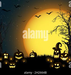 Gruseliger, toter Halloween-Baum mit ein paar gruseligen Kürbissen vor einem orangen Vollmond mit Fledermäusen Stock Vektor