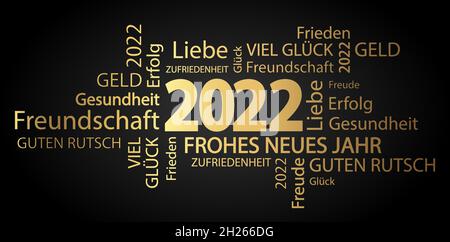 eps-Vektordatei mit Word Cloud mit Neujahrsgrüße 2022 und schwarzem Hintergrund Stock Vektor