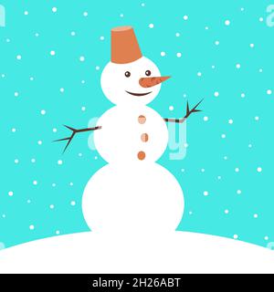 Fröhlicher netter Schneemann auf blauem Hintergrund. Ein Lächeln auf seinem Gesicht. Winter Kinderspiele. Schneefall. Vektorgrafik flach Stock Vektor