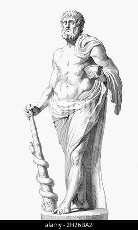 Statue des Asklepios, altgriechischer Gott der Medizin. Nach einem Druck eines unbekannten Künstlers aus dem 17. Jahrhundert. Stockfoto