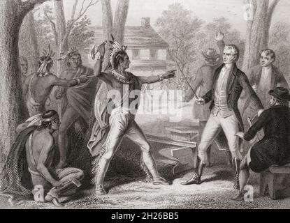 Konfrontation zwischen Tecumseh und William Harrison im August 1810. Tecumseh forderte, dass der Vertrag von Fort Wayne von 1809 aufgehoben wird. Der Vertrag, den Tecumseh nicht anerkennt, gab Siedlern in Indiana und Illinois fast 30 Millionen Morgen indianischen Landes und führte zu einem drei Jahre langen Konflikt, der als Tecumsehs Krieg oder Tecumsehs Rebellion bekannt war. Tecumseh, 1768 –1813. Indianischer Führer der Shawnee und einer großen Stammeskonföderation, bekannt als Tecumsehs Konföderation. William Henry Harrison, 1773 - 1841, ein hochrangiger Offizier der Armee zur Zeit der Konfrontation mit Tecumseh und la Stockfoto