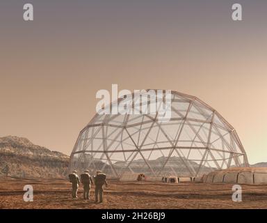 3D-Illustration einer Mars-Außenpostenkolonie mit geodäsischer Kuppel und Zugangsschleusen, für Weltraumforschung, Terraforming und Kolonisation oder Science FIC Stockfoto