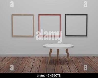 Abstrakte minimale Szene mit geometrischen Formen. Runder Tisch mit Fotorahmen Hintergrund Präsentation mockup. 3d-Rendering, 3d-Illustration Stockfoto