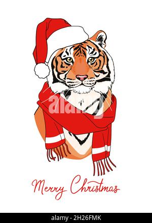 Neujahrskarte mit Tiger im weihnachtshut. Vector Weihnachtskarte mit der Aufschrift Frohe Weihnachten Stock Vektor