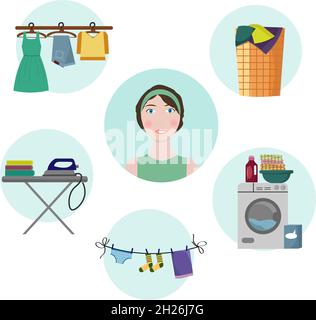 Das Mädchen denkt über Hausarbeit nach. Schmutzige Kleidung zu waschen ist eine tägliche Routine. Stock Vektor