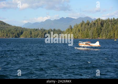 Ein Wasserflugzeug hebt im Clayoquot Sound, vor Tofino, Vancouver Island, British Columbia, Kanada, ab. Stockfoto