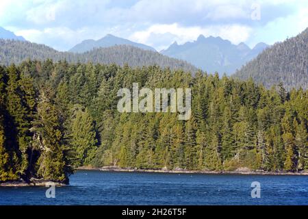 Die Küsten von Meares Island und die weit entfernten Peals des Strathcona Park, im Clayoquot Sound, in der Nähe von Tofino, Vancouver Island, British Columbia, Kanada. Stockfoto