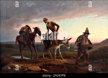 Don Quixotes erste Heimfahrt von Wilhelm Marstrand (1810-1873), Öl auf Leinwand, nach 1847. Gemälde von Don Quixote und Sancho Panza Stockfoto