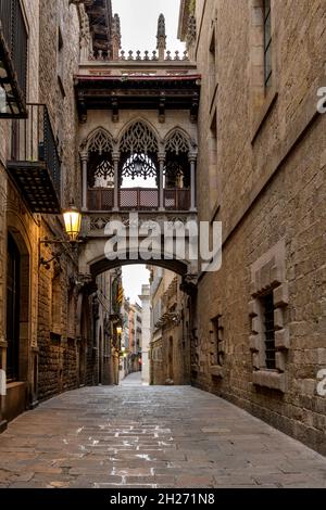 Pont del Bisbe at Dawn - Eine vertikale Morgenansicht der neugotischen steinernen Bischofsbrücke über eine alte Gasse im gotischen Viertel von Barcelona, Spanien. Stockfoto