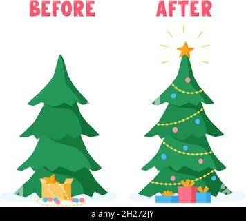 Weihnachtsbaum vor und nach dem Verzieren mit Kugeln, Perlen, Girlanden. Vorbereitung auf die Feiertagsfeier. Vektorgrafik im flachen Stil. Stock Vektor