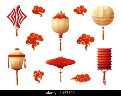 Chinesische Laternen. Hängende Laterne, rot goldene Nachtlichter. Urlaub traditionelle asiatische Symbole, japanische koreanische Lampen und Wolken schwülligen Vektor-Set Stock Vektor